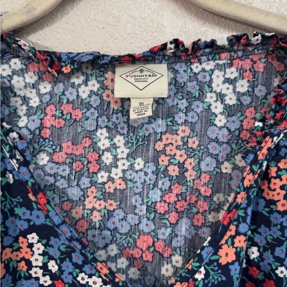 St. John's Bay Blue and Red Long Sleeve Blouse with Notched Collar - Picture 3 of 6